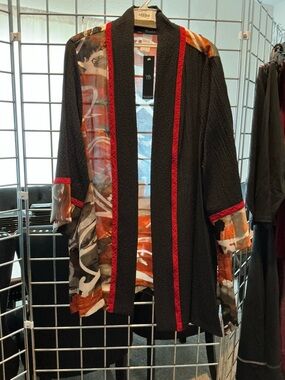 2pc Black Textured Open Cardigan kimono with Red Trim and Abstract Orange Print